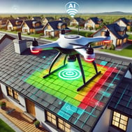 DALL·E 2024-12-29 15.28.59 - A futuristic drone inspecting a residential asphalt shingle roof with AI technology. The drone is equipped with sensors and cameras, hovering above th